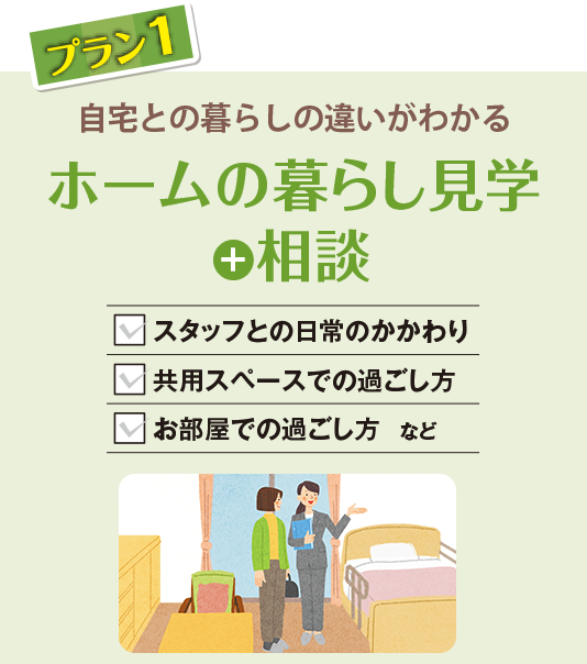 プラン1 自宅との暮らしの違いがわかる ホームの暮らし見学＋相談 スタッフとの日常のかかわり 共用スペースでの過ごし方 お部屋での過ごし方 など