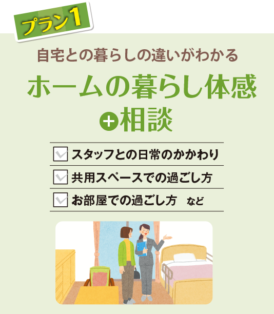 プラン1 自宅との暮らしの違いがわかる ホームの暮らし体感＋相談 スタッフとの日常のかかわり 共用スペースでの過ごし方 お部屋での過ごし方 など