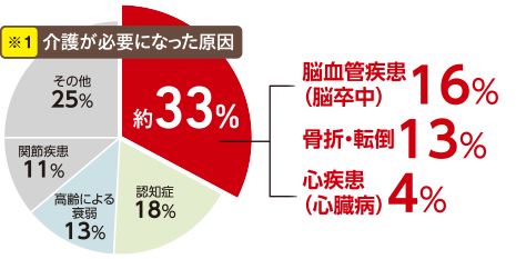 介護が必要になった原因 脳血管疾患(脳卒中)16% 骨折・転倒13% 心臓病4% 認知症18% 高齢による衰弱13% 関節疾患11% その他25%