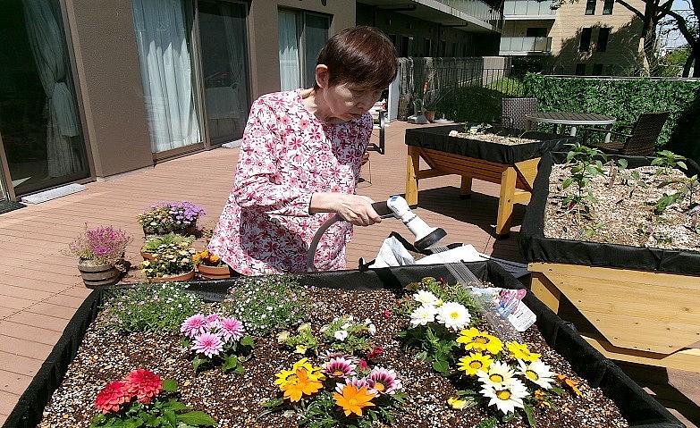 朝食後はウッドデッキへ～お花にも水を～